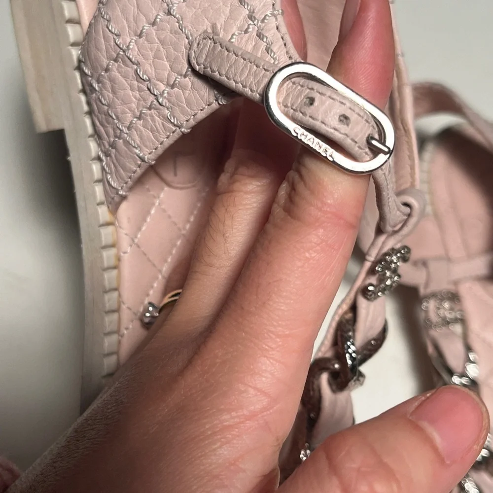 CHANEL Light Pink Quilted Sandals with Silver Accents
